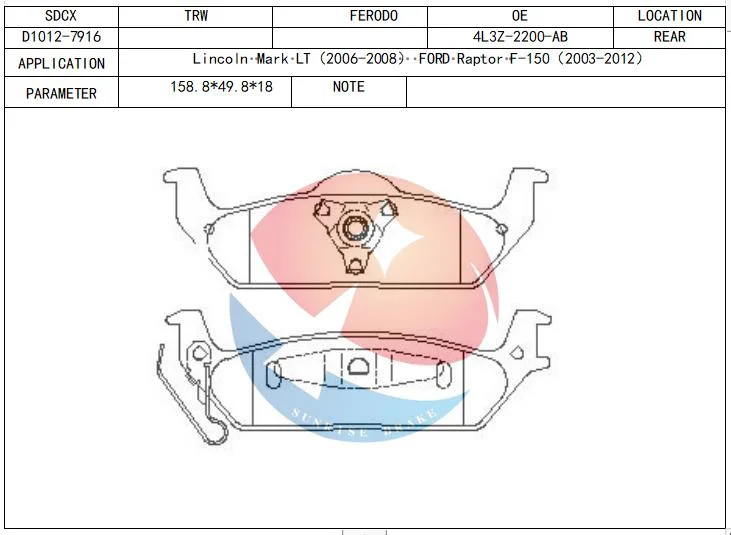 Sdcx D1012 8L3z-2200-4 Auto Parts Manufacturer Shimmed Ceramic Rear Brake Pad for Ford