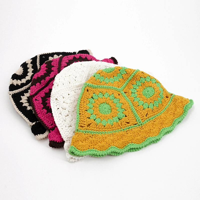 Fashion Trendy Hand Woven Women Travel Custom Flower Knit Crochet Bucket Hat