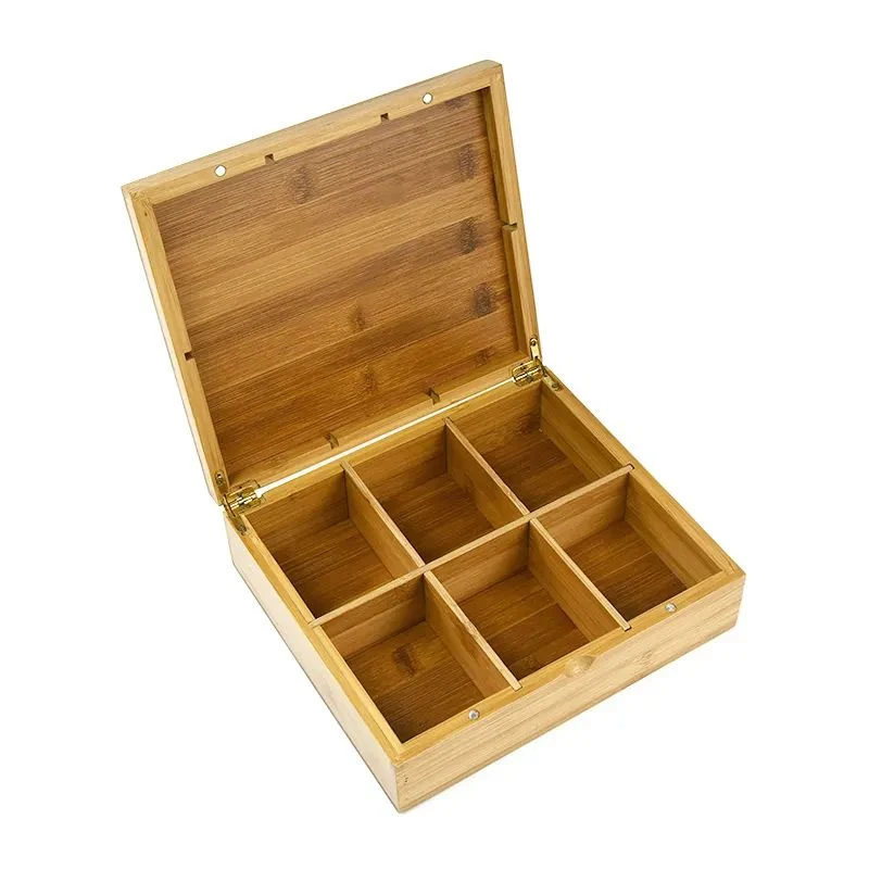 6 Compartments Houseware and Kitchen Acacia Wood Tea and Coffee Bag Box with Acrylic Lid