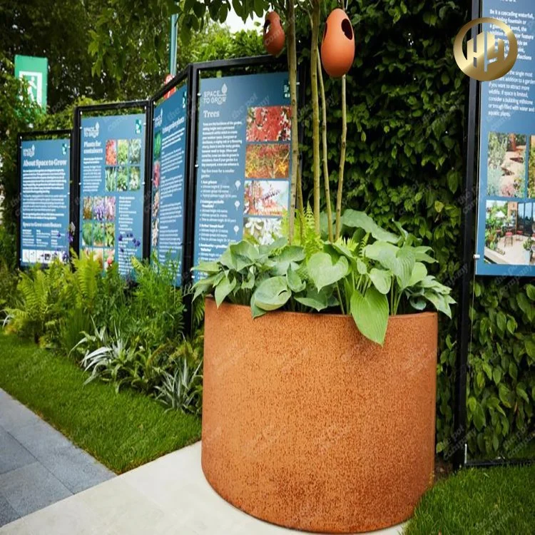 Plantadeira de flores de aço corten redonda Pot decoração simples viveiro de Metal