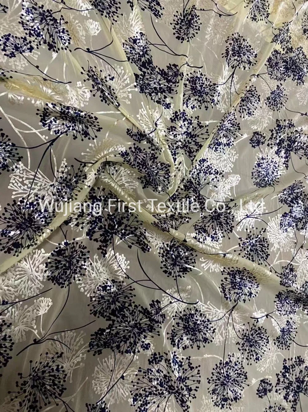 Oeko Tex 100 Certificate Floral Burn out Satin Fabric. Burn out Opal Fabric with Floral Print