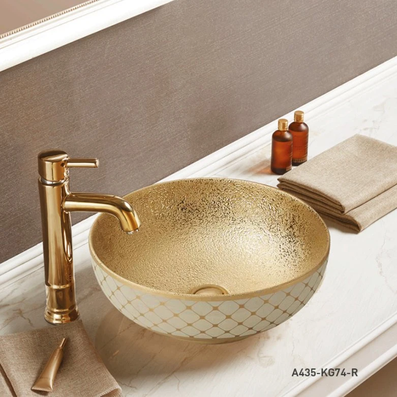 Luxury Sanitary Ware Round Ceramic Blue Gold Bathroom Sink Wash Basin