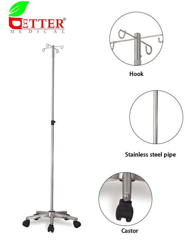 Hospital Furniture Stainless Steel 4 Hooks IV Drip Infusion Stand on Castors