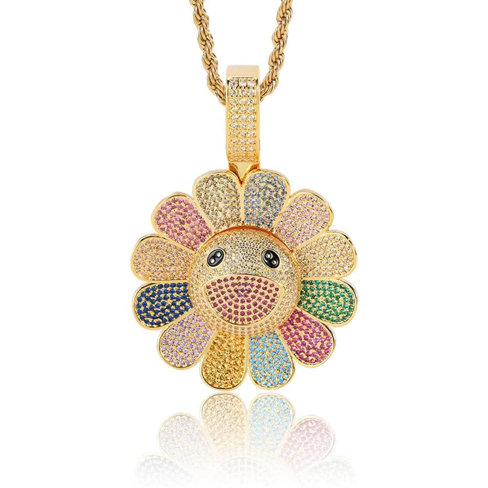 Hip-Hop Copper Ice out Zircon Can Turn Sunflower Pendant Necklace