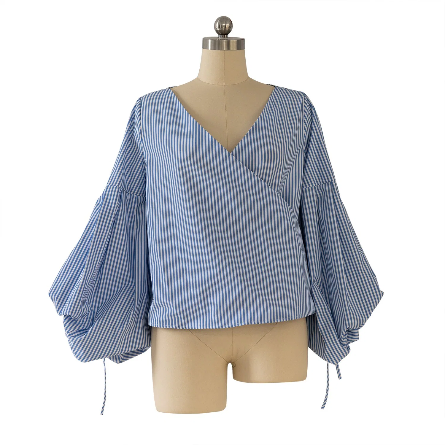 Girl Woven Clothes Women Ladies Woven V Neck Blouse Shirt with Balloon Sleeve