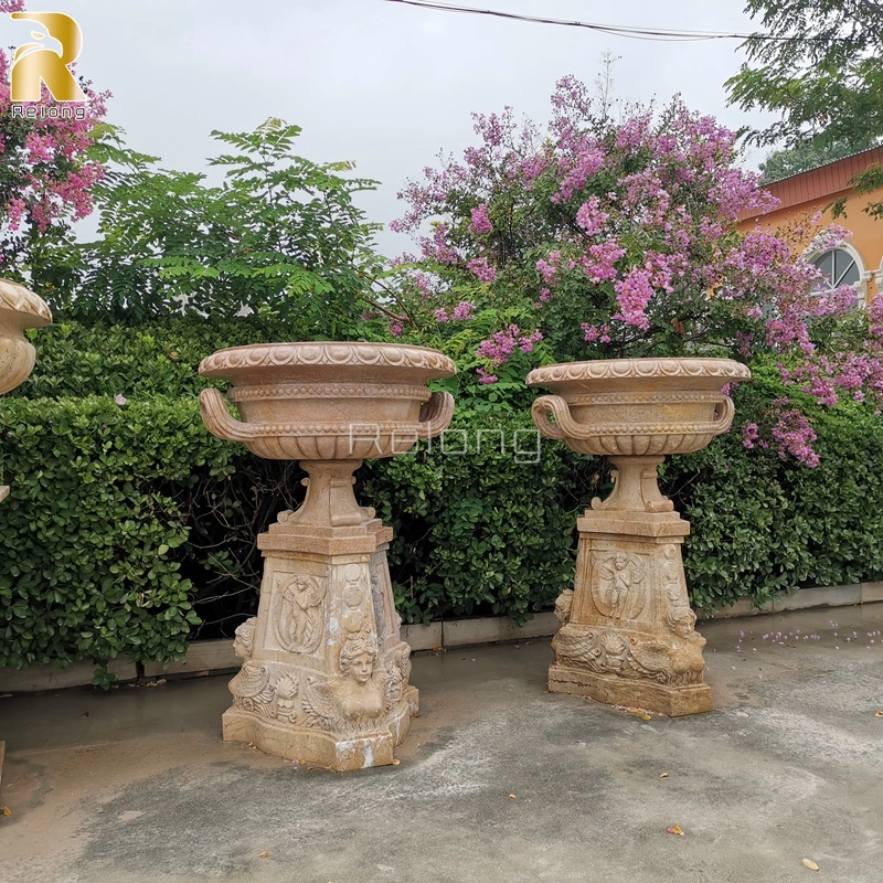 Outdoor Antique lado esculpidos em pedra mármore branco Carving Flowerpot fornecedor Chinês