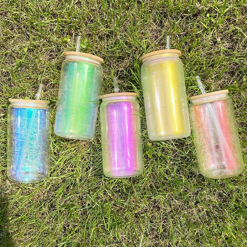 16oz 20oz Blank Sublimation Iridescent Rainbow Glitter Ombre Color Iridescent Glass Can with Bamboo Lid and Straw for Water, Wine, Beer, Cocktails