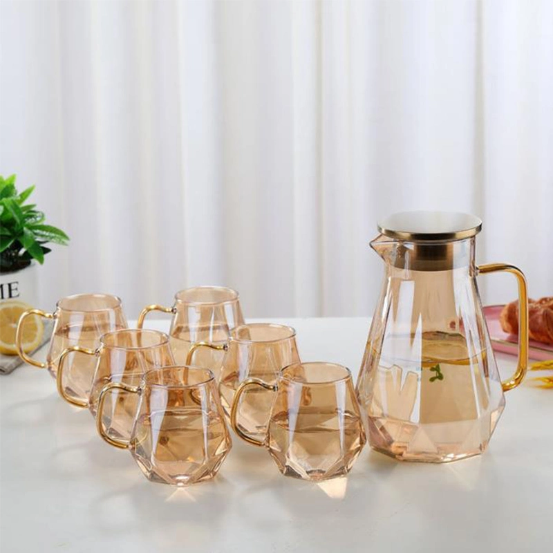 Custom 1.5L Hand Blown Plating Amber Color Borosilicate Diamond Water Jug Coffee Kettle Glass Pitcher Set with Stainless Steel Lid