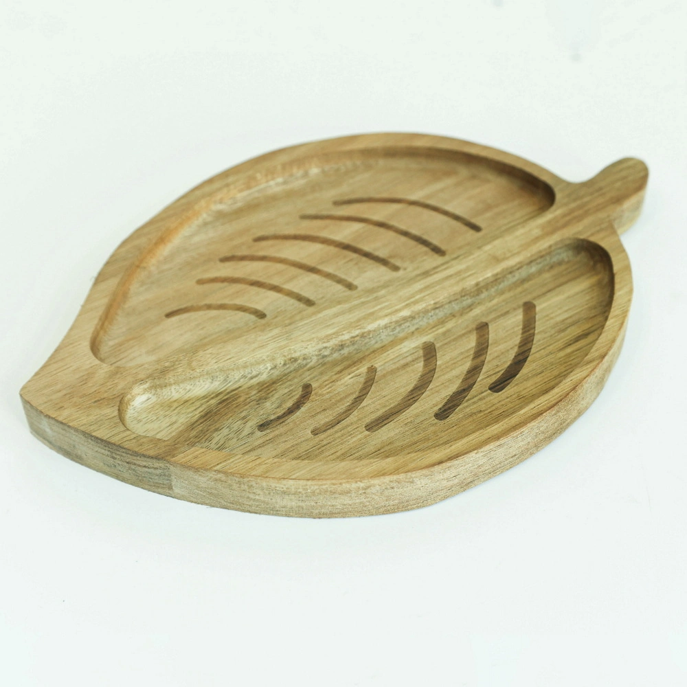 Forma de la hoja platos de madera reutilizables para servir Plato de madera para merienda Pastel