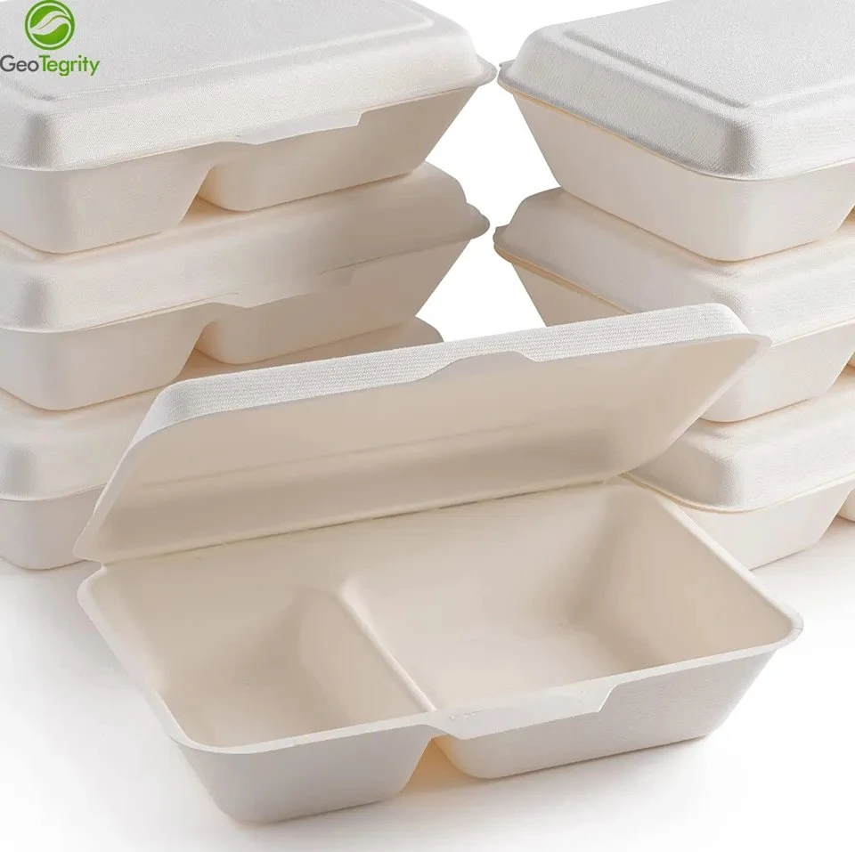 Eco Friendly Biodegradable Disposable Sugarcane Bagasse Pulp Moulded 2 Compartment Food Container Clamshell Lunch Box Biodegradable Tableware