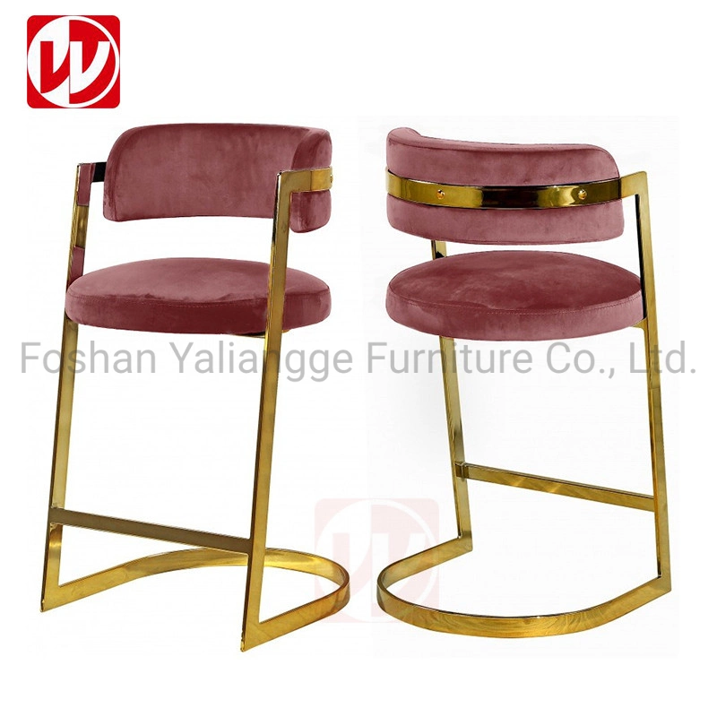 Gold Stainless Steel High Foot Chair Grey Velvet Bar Stool Counter Chair for Party Event Club