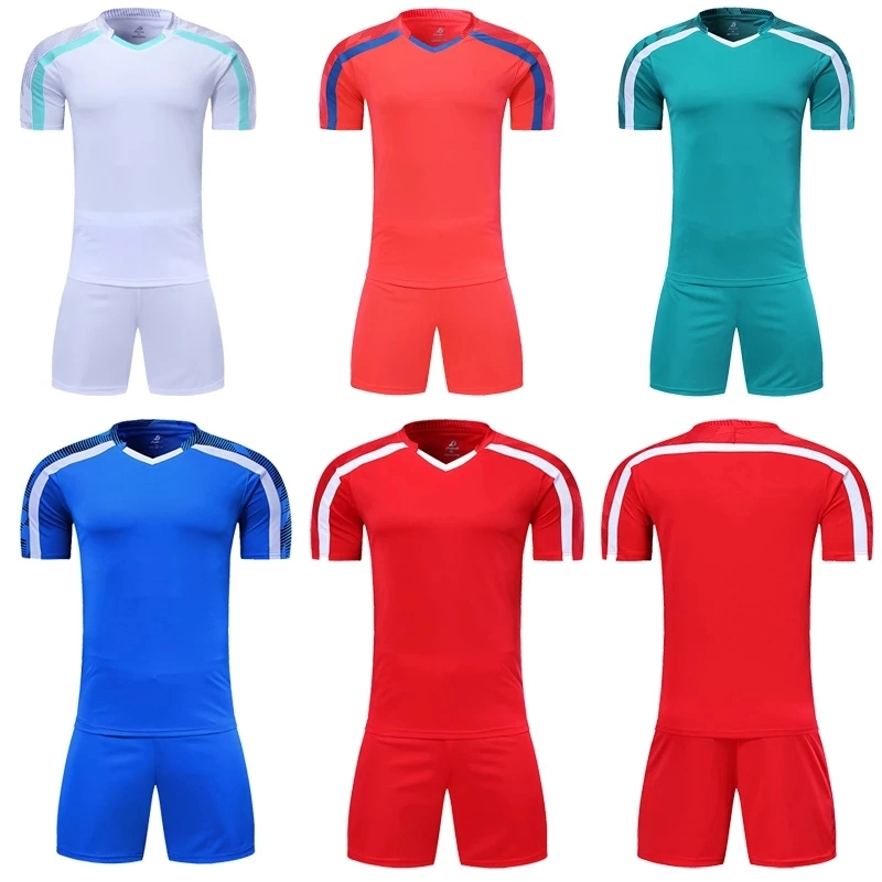 Men Short Sleeve Red Soccer Jersey Set Green Football Uniform Blue Kids Soccer Shirt Customized Name Number