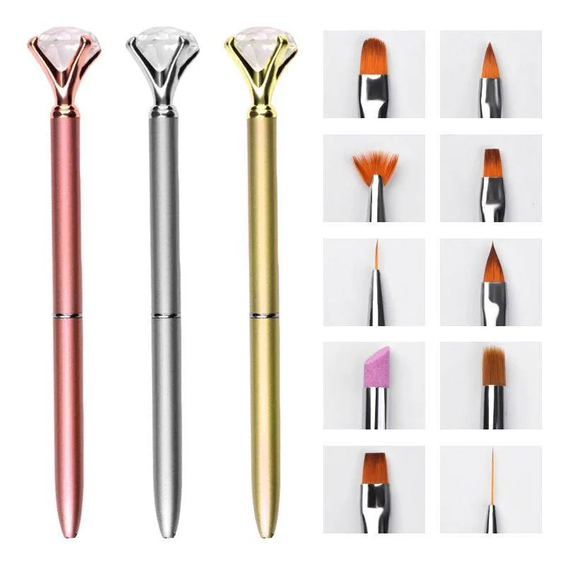 Gold and Silver Rose Crystal Nail Brush Set Replacement Head 1 Handle + 10 Nail Brush Head Painting Nail Brush Set