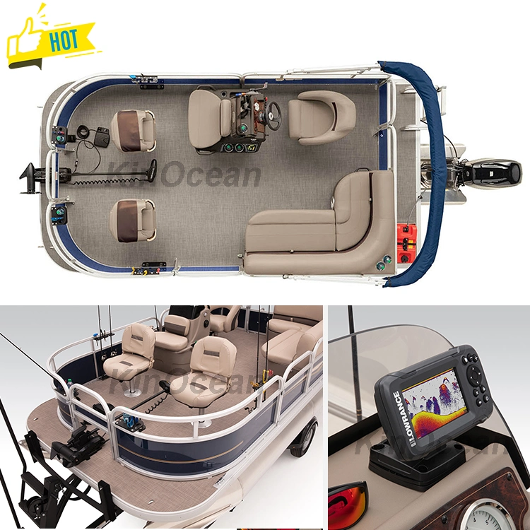 Kinocean Banheira 16FT Pontoon Barco de Pesca de alumínio com motor eléctrico em frente