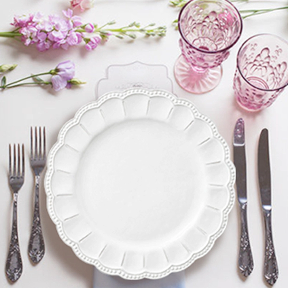 Grossista Retro Flower Branco porcelana placa em relevo dinnerware Casamento cerâmica Jantar