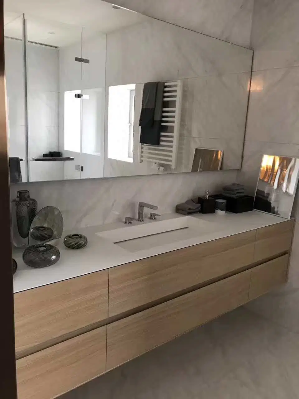 Mounted Double Wash with Framed Mirror and Marble Top Bathroom Drawers Furniture