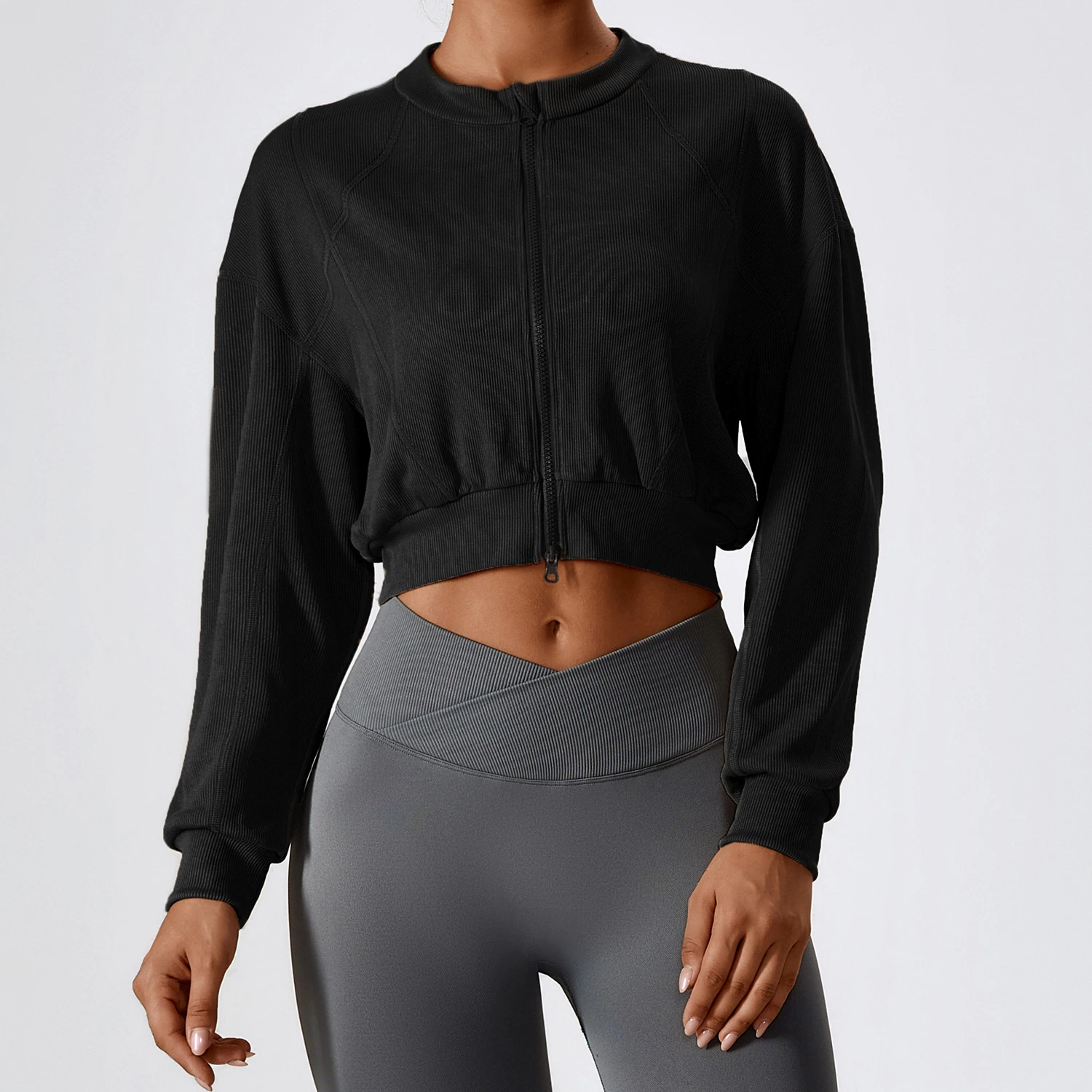 Mujer Doble Zipper Loose Manga larga Sudadera chaqueta deportiva Fitness Usa ropa deportiva para mujer