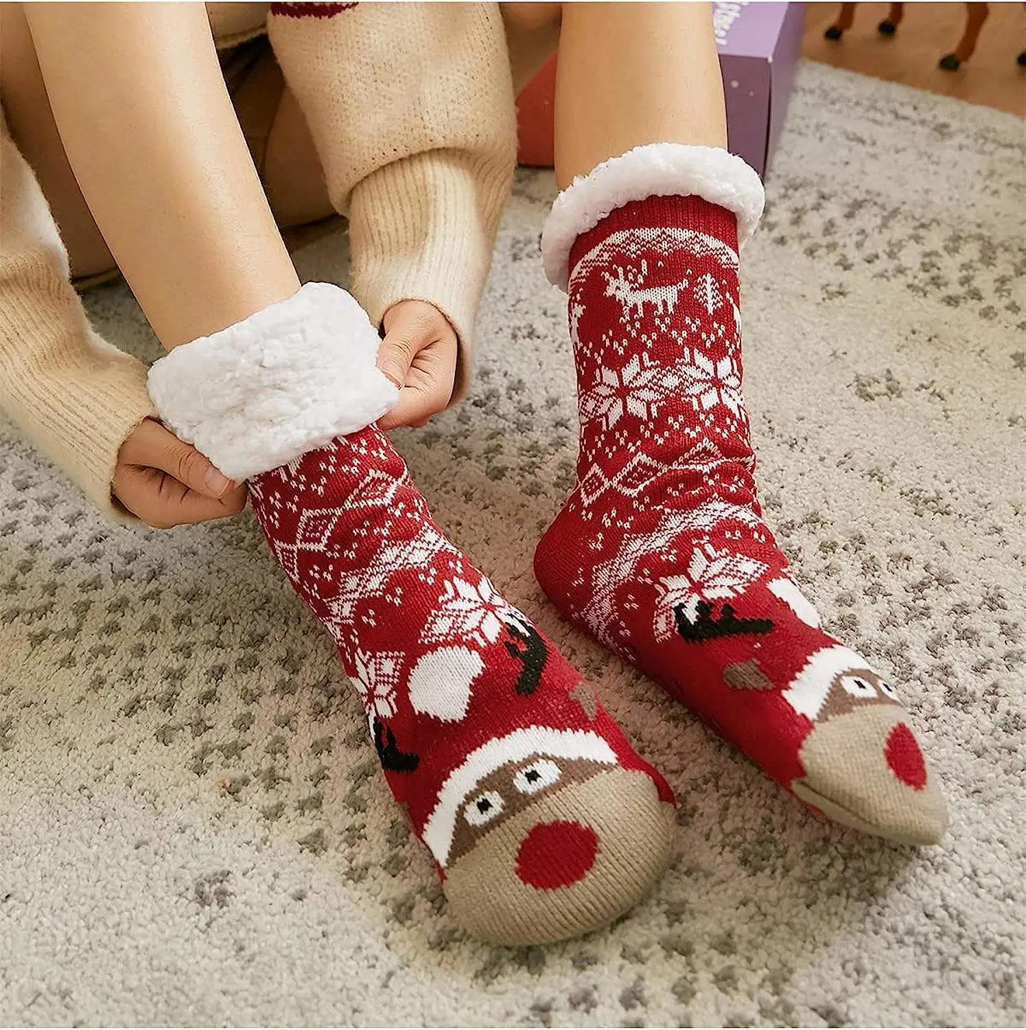 Xianghui Women Fluffy Christmas Unisex Novelty Hosiery Snow Winter Socks for Men