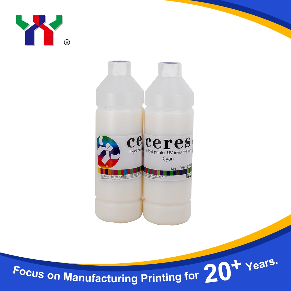 Venta en caliente Área de impresión Ceres tinta UV invisible a base de agua para impresora de inyección de tinta, de color incoloro a azul, 1L/botella