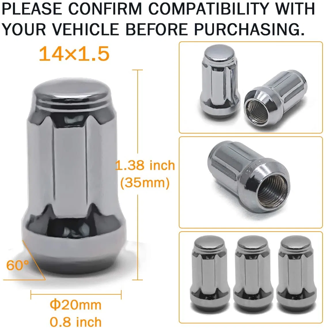 Chrome Bulge Spline Nuts 1.38" Tall Locking Lug Nuts M14X1.5