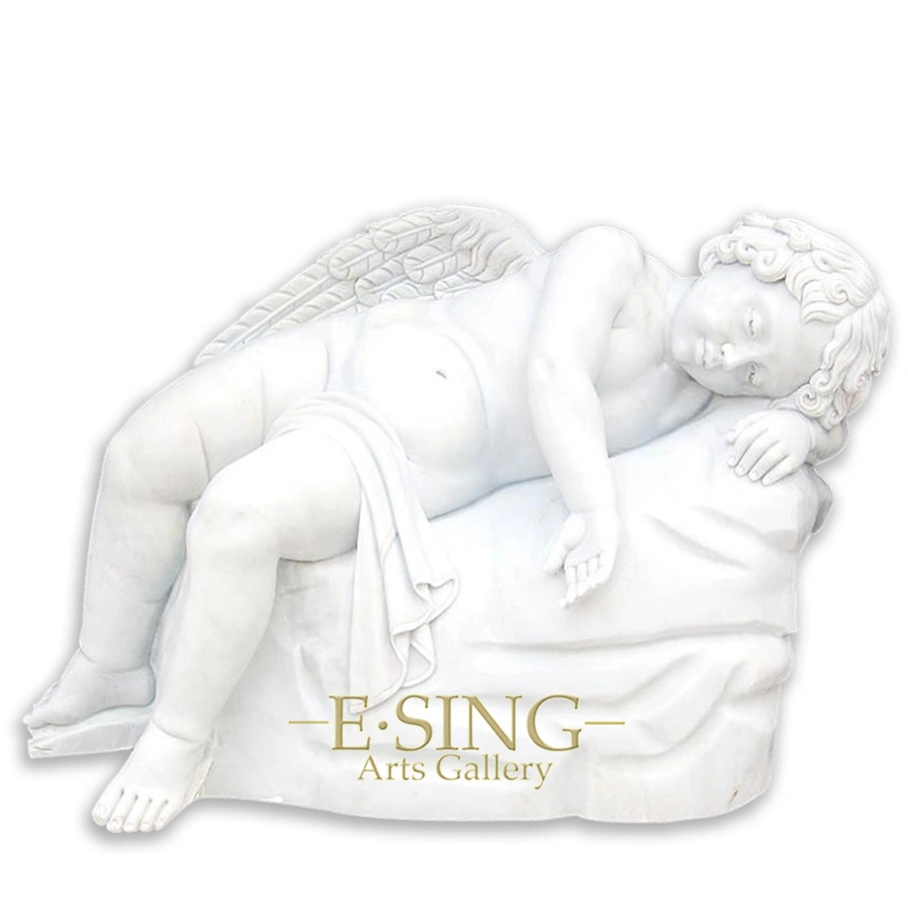 Life Size Natural White Marble Cemetery Angel with Wings Sculpture for Graveyard Decoration