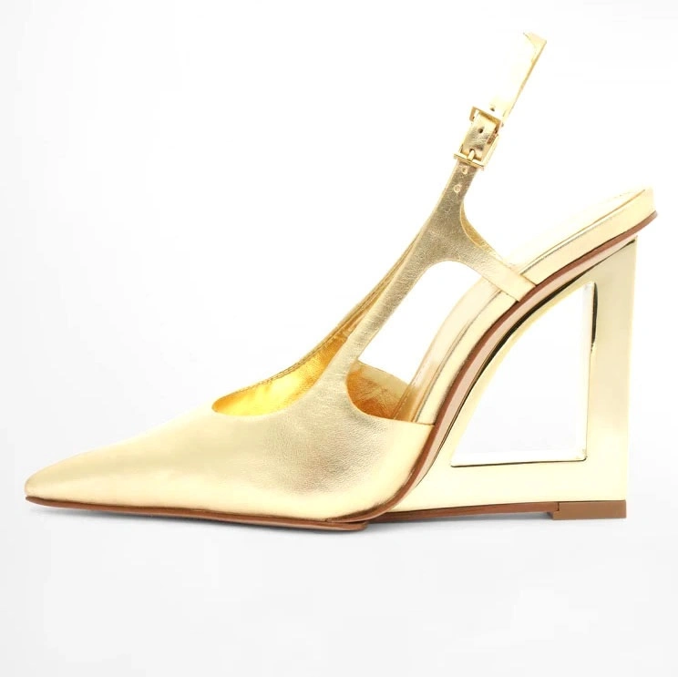 Fashion Gold Metallic Leather Wedge Heel Sandals Sexy Dress Shoes
