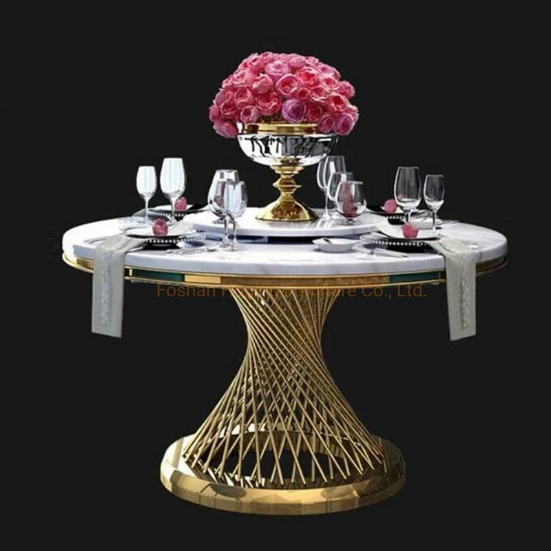 Living Room Furniture Outdoor Table Marble Top 1+6 Set White Round Stainless Steel Dining Table Set with Leather Chair for Wedding Banquet