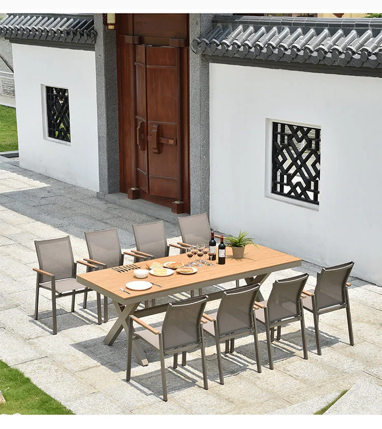 European Style Modern Luxury Dining Table Sets Outdoor Party Wooden Table Patio Furniture Textilene Garden Dinner Chair Sets