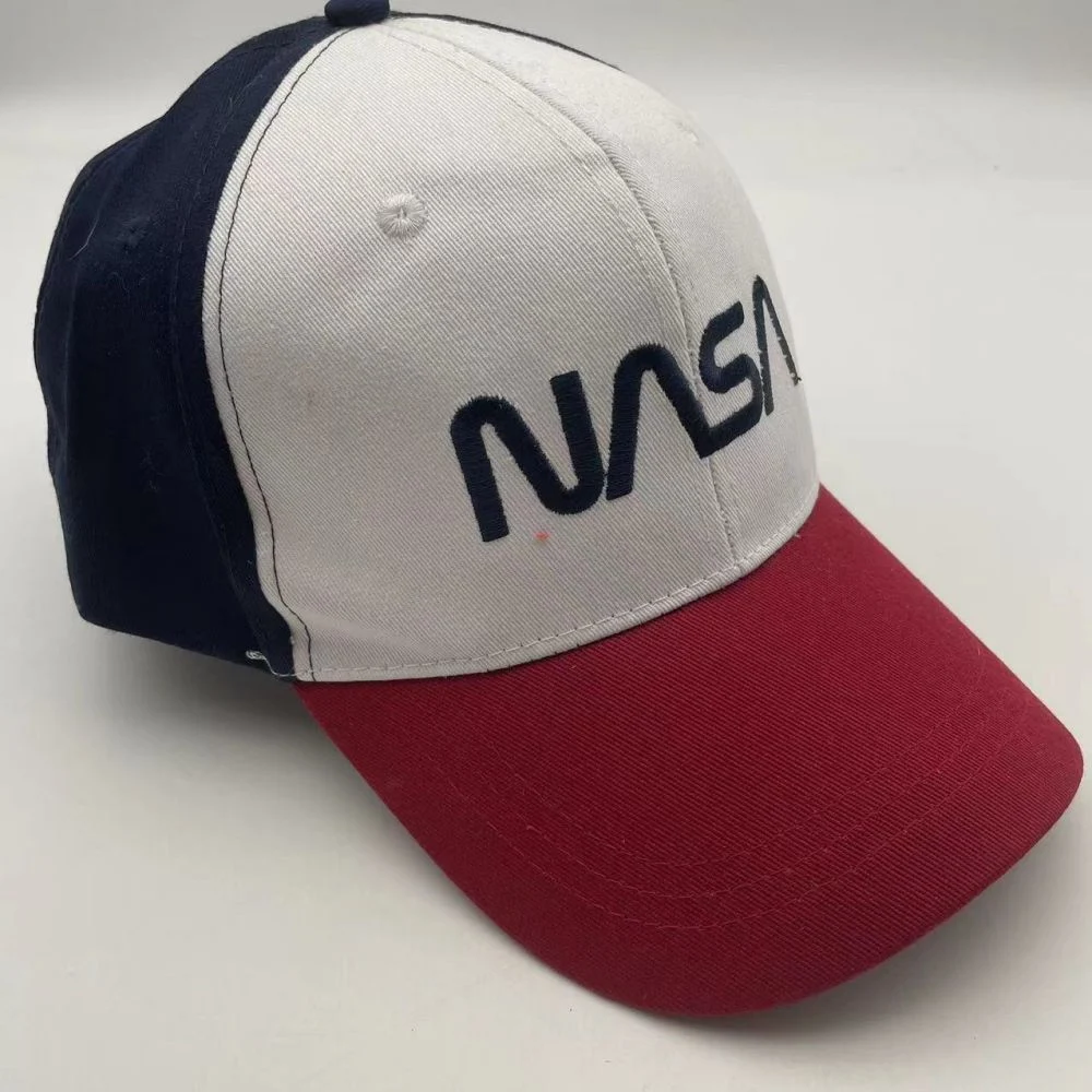 Adult Cotton Five Piece Flat Browed Baseball Cap with Embroidery Nasa Logo and Metal Button