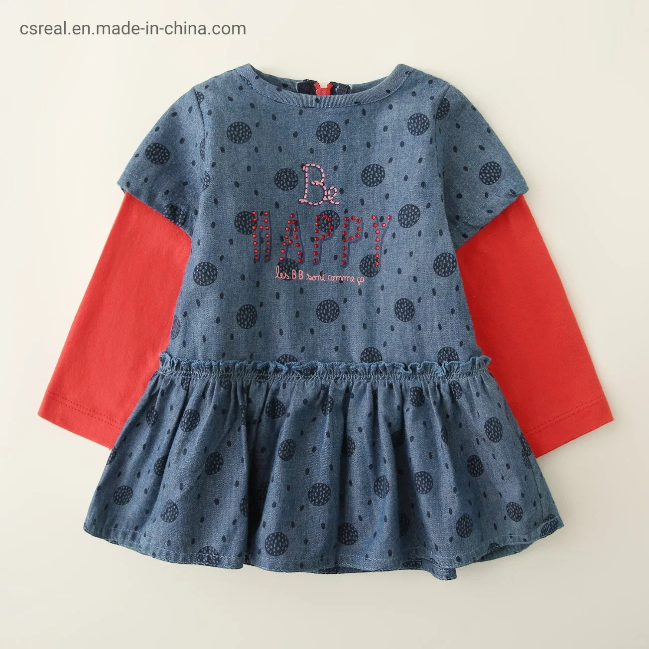 Children Nice Clothing Girl Denim Woven Dress and Red Cotton Sleeves with Back Zipper