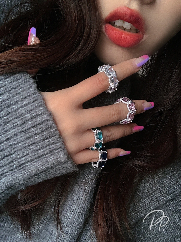 Color Gemstone American Ins Style Women Fashion High Sense Index Finger Ring Jewelry