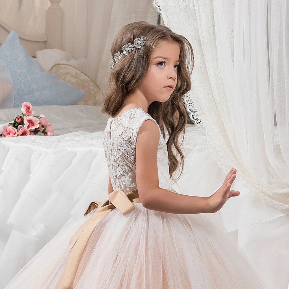 Hfg096 Full Lace Belt Sleeveless Champagne Puffy Flowergirl Dress