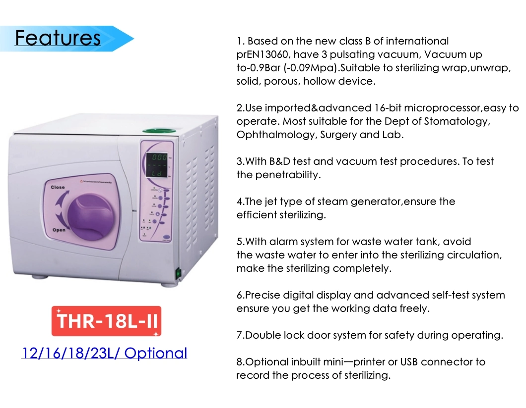 Instrumento dental 12/16/18/23L Esterilizador a vapor clase B autoclave dental con IMPRESORA (THR-18L-II)