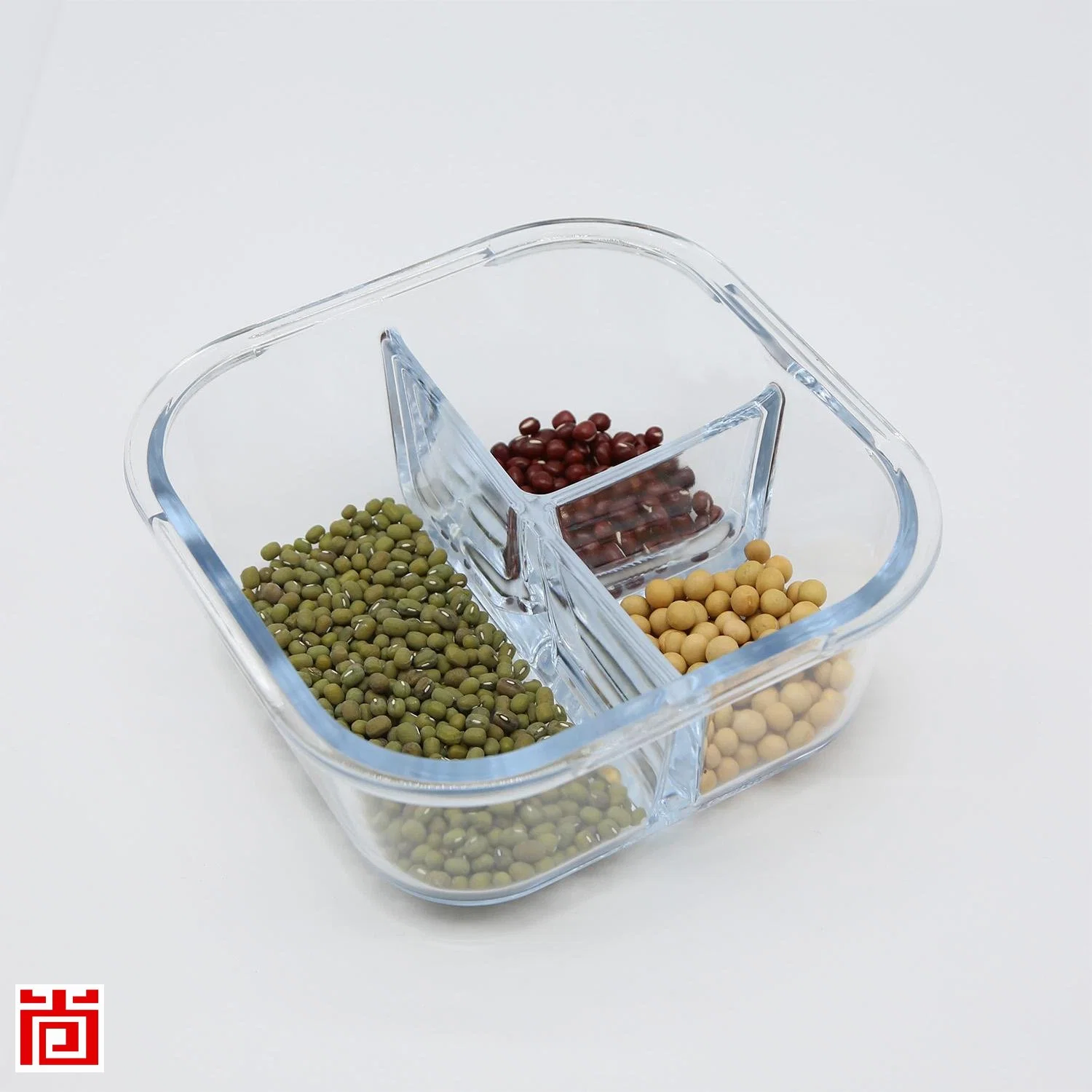 Square Three Division Glass Food Storage Container with Airtight Lid