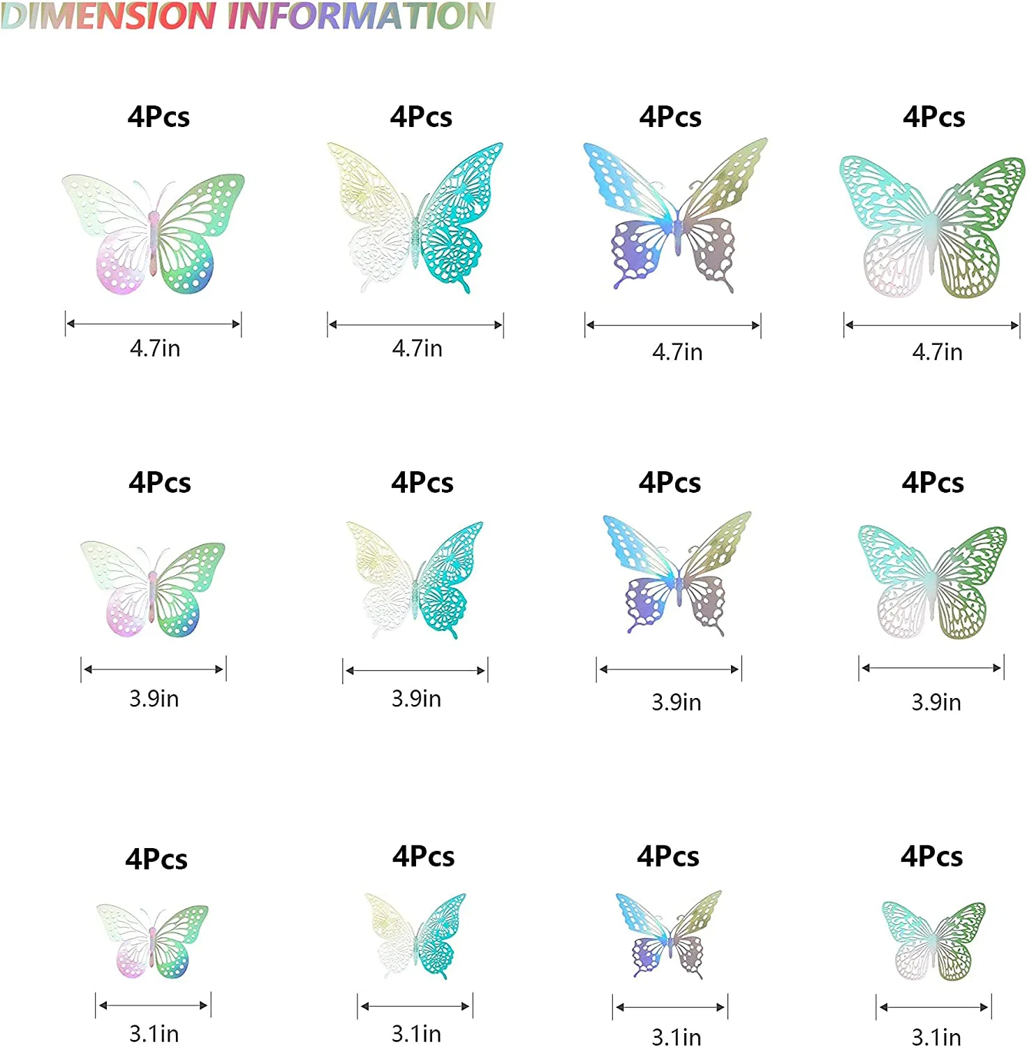 Laser 3D decoración de pared de mariposa 48 PCS 4 Estilos 3 Tamaños para el Salón del bebé Hogar de Boda Vivero Aula niños dormitorio Decoración del salón de baño