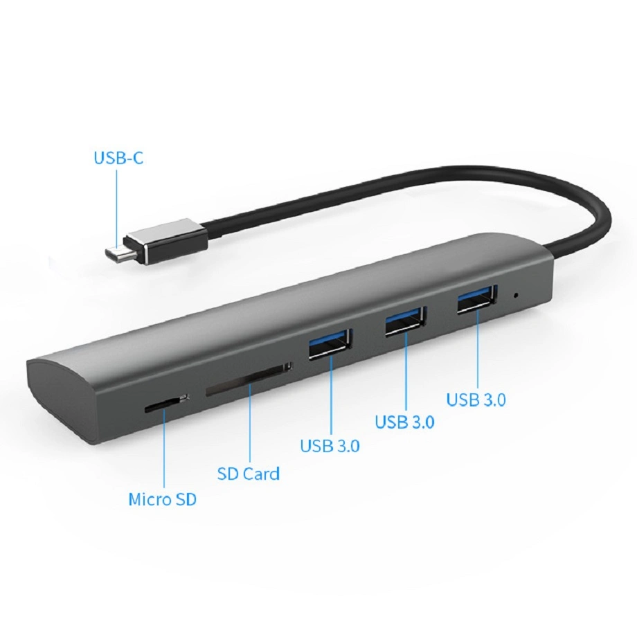 Type C Gen1 USB3.0 to 3-Port Aluminum Hub Card Reader DC Port