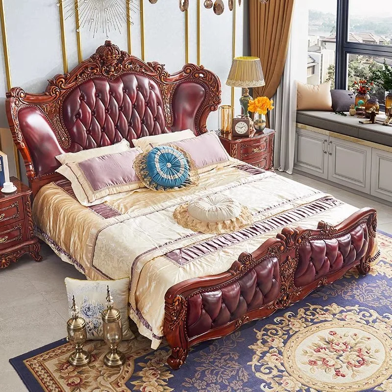 Ensemble de chambre à coucher avec lit double en cuir véritable, tête de lit confortable et mobilier de literie personnalisé.