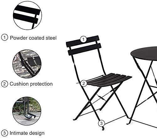 3 Piece Patio Steel Bistro Set of Foldable Outdoor Table and Chairs