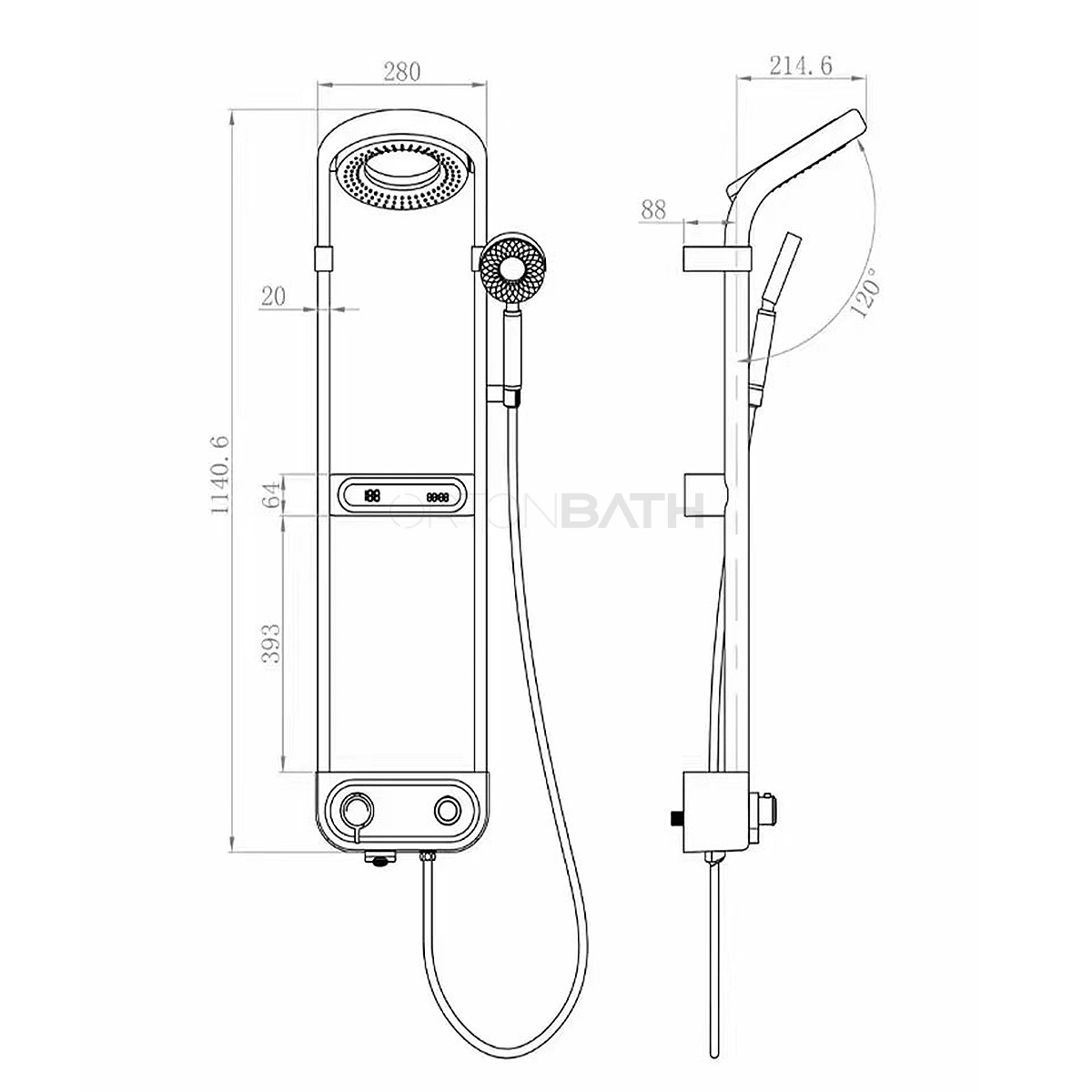 Armario de almacenamiento de juego de ducha de pantalla digital Ortonbath Intelligent Temperature Control Mesa de almacenamiento Ducha de lluvia presurizada