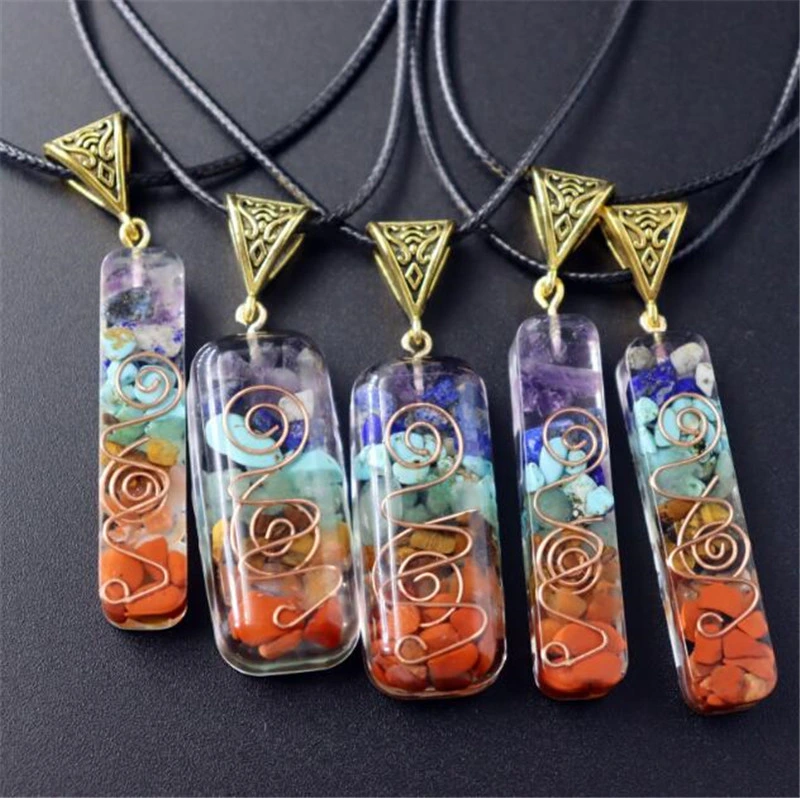 Retro 7 Chakra Colorful Chips Natural Orgone Energy Pendant Reiki Healing Dangle Amulet Necklace Jewelry