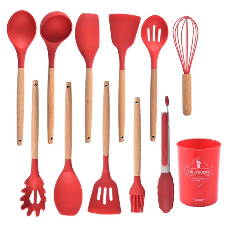 12PCS Non-Stick Silicone Kitchenware Cooking Tool Silicone Kitchen Utensils Sets with Wood Handle