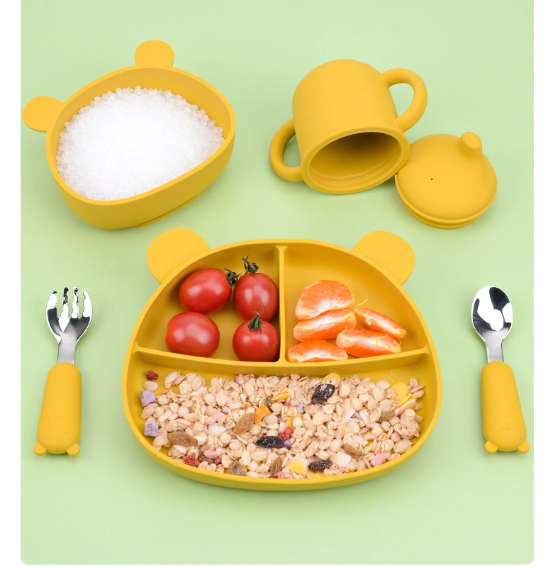 New Born Baby Feeding Items Sets Food Grade Soft Silicone Tableware Baby Feeding Products with Suction Bowl