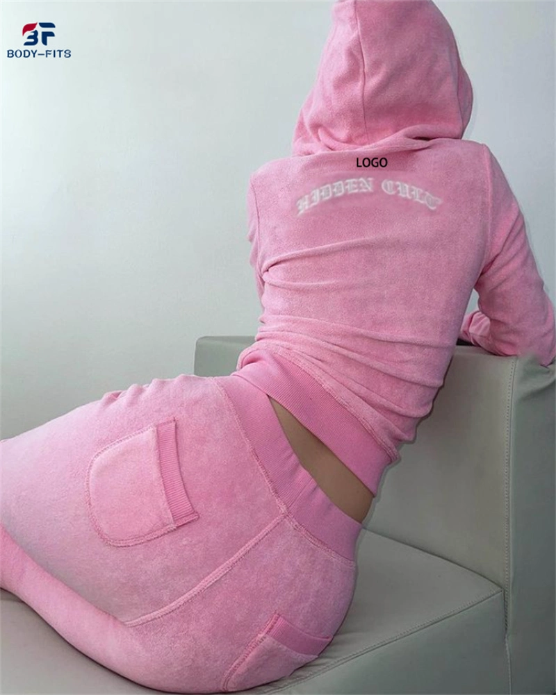 2022 Autumn Custom Logo Pink Streetwear Terry Towel Bodysuit Tracksuits Vest Short Sweatshirt Pants 2 Piece Set Women's Sets