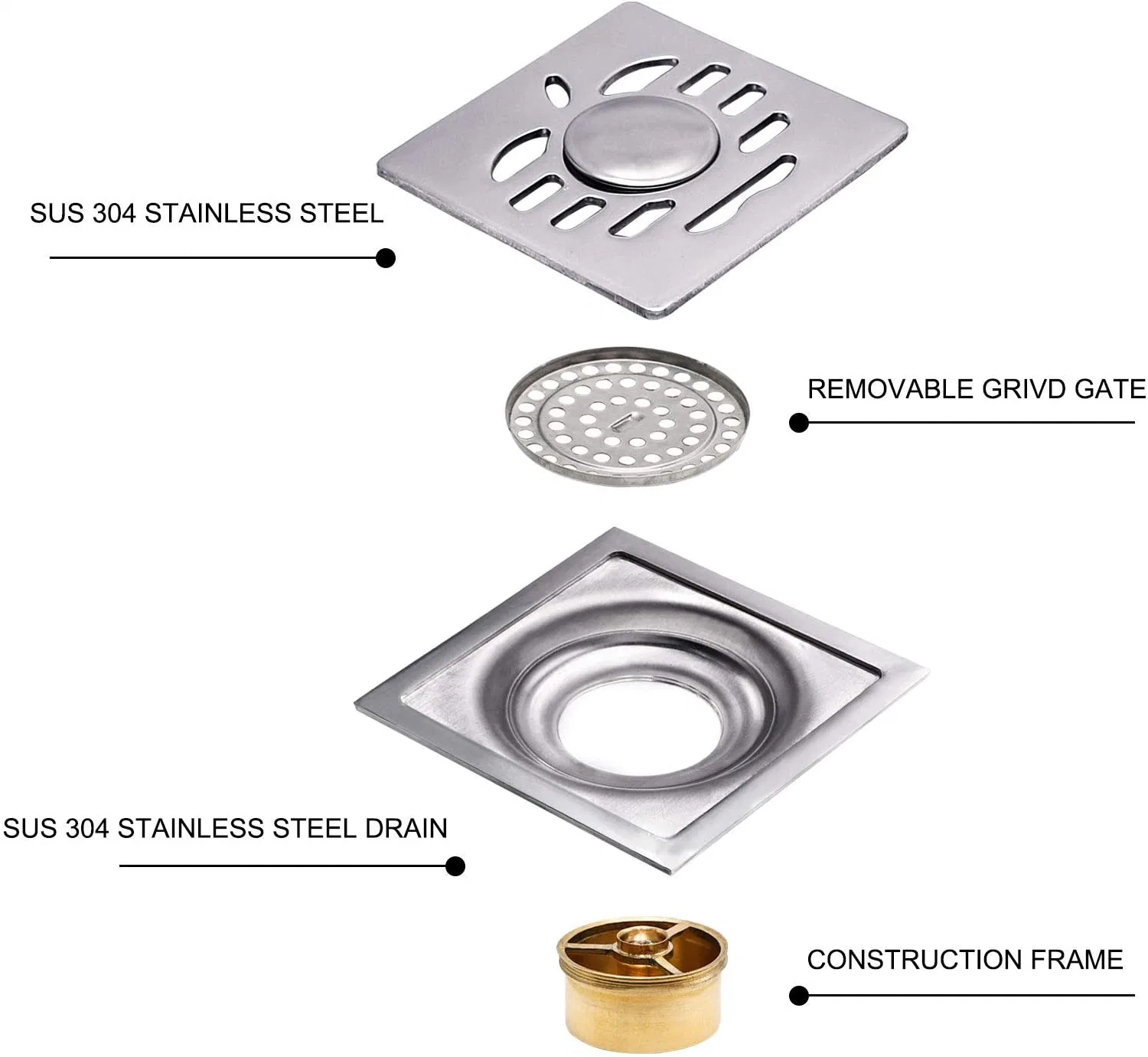 Square Bathroom Tile Insert Drain Ss Stainless Steel with Strainer Bug Proof Shower Floor Drain