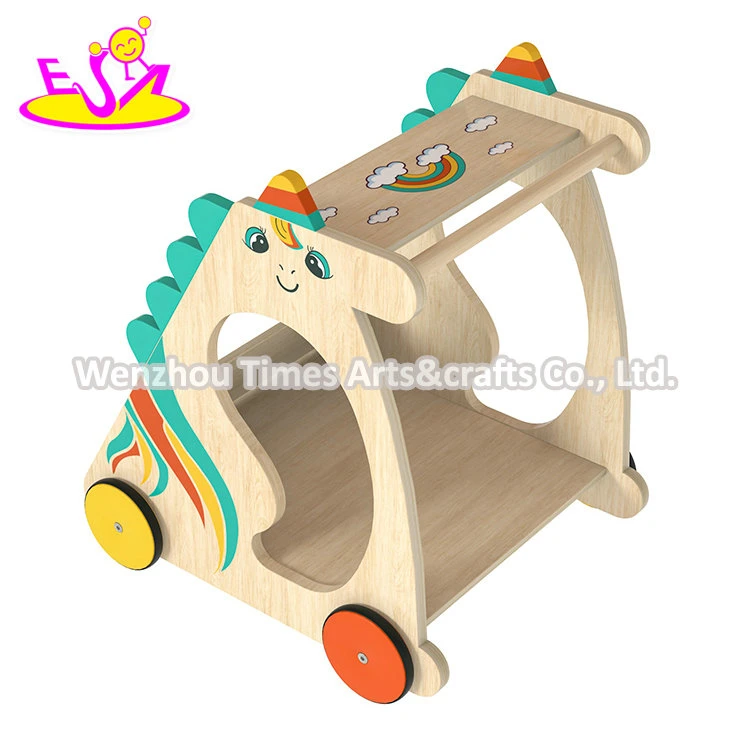 New Arrival Walking Learning Trolley Cart Wooden Unicorn Push Walker for Baby W16e226