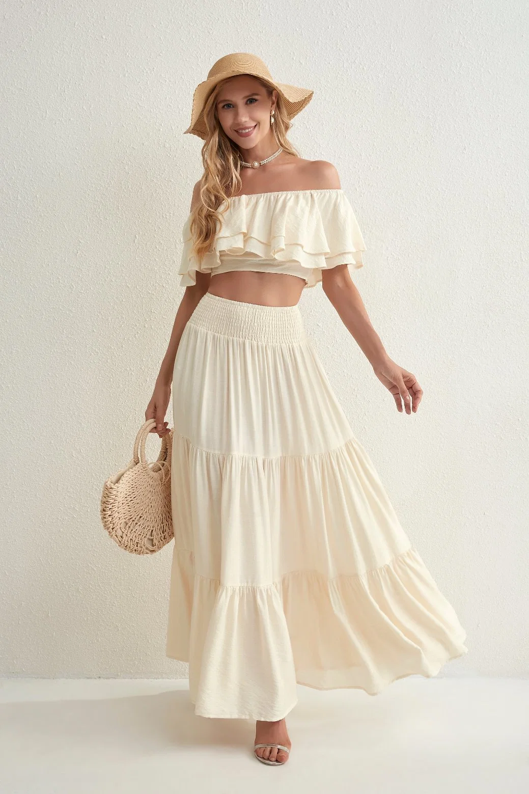 Women Ruffle Crop Top Elastic Waist Long Skirt 2 Piece Sets