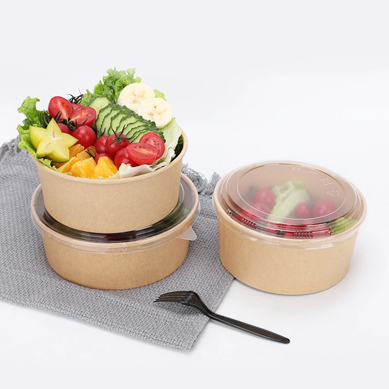 Disposable Food Packaging Water and Grease Proof Kraft Paper Disposable Food Container with Lid Take Away Salad Bowl