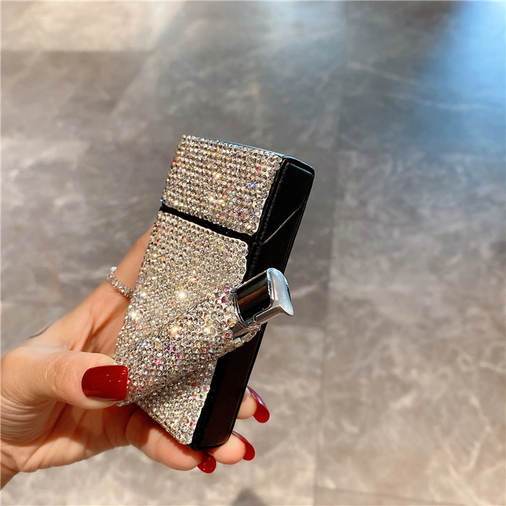 Ea062 Crystal Long Bling Smoke Metal Cigarette Box Holder Cigarette Case with Lighter