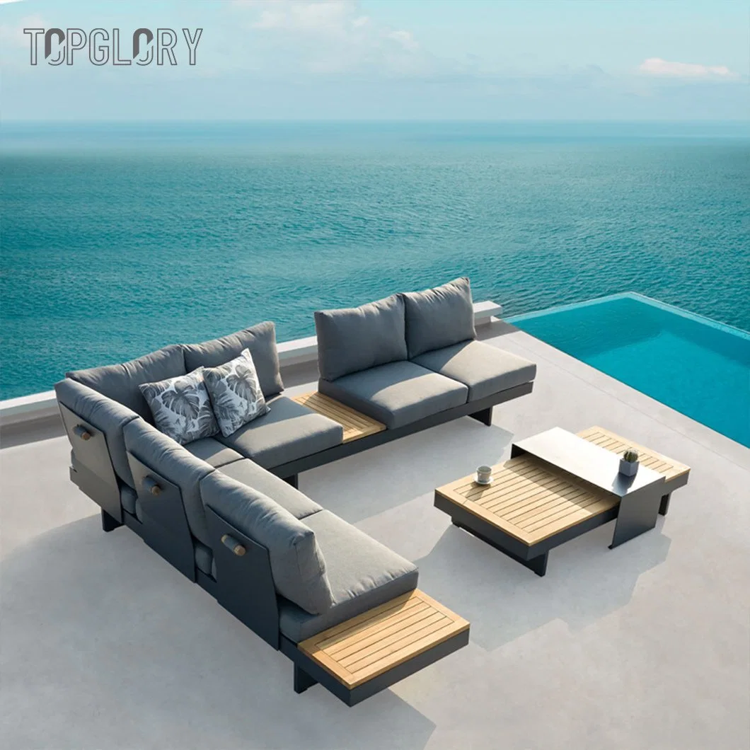 2022 Muebles de sala de estar de esquina seccional de aluminio y teca para jardín, patio, hogar y hotel moderno con sofá de silla de esquina y mesa de café lateral de ratán