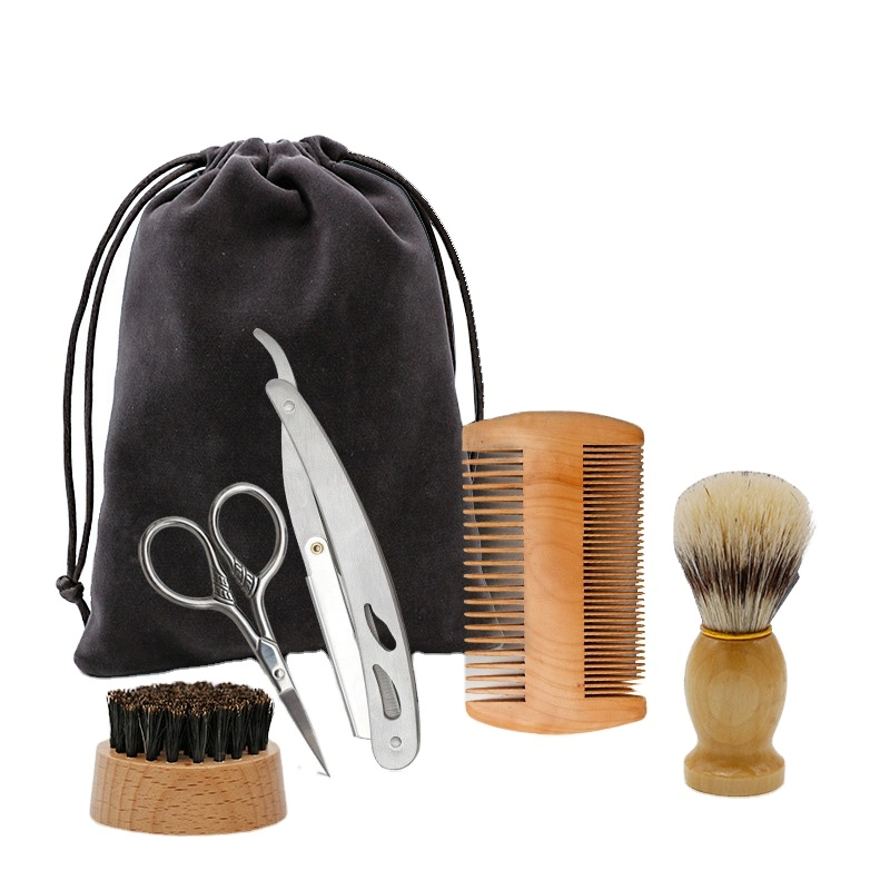 Hot Sale Men barbe de soins de couteau rasoir Peigne à cheveux en bois Bristle Brush Tondeuse barbe Set tondeuse multistyles de pliage définie pour les hommes de soins de barbe